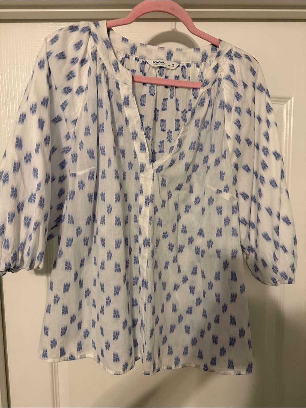 Sonoma White Blouse with Blue Floral Motif